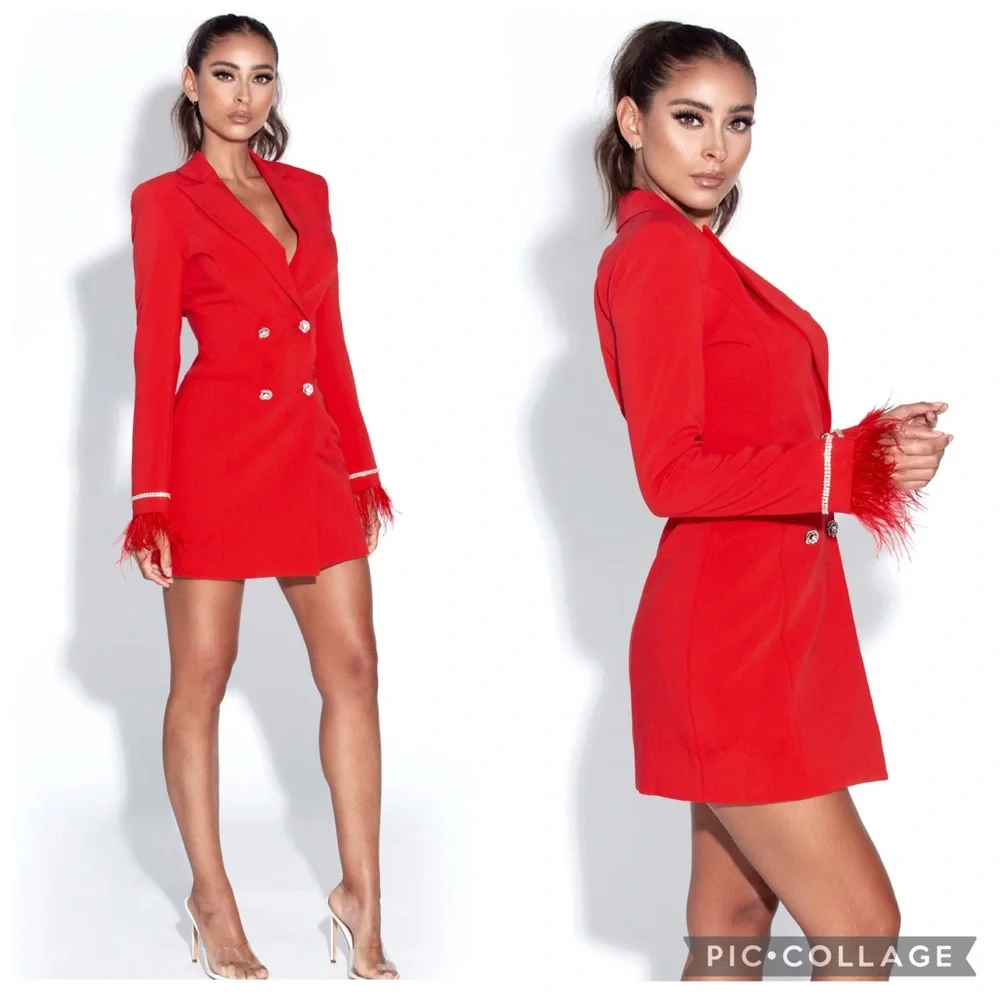 Miss Circle Quilla Red Backless Feather Crystal Sleeve Blazer Dress Size NWT - Picture 2 of 15